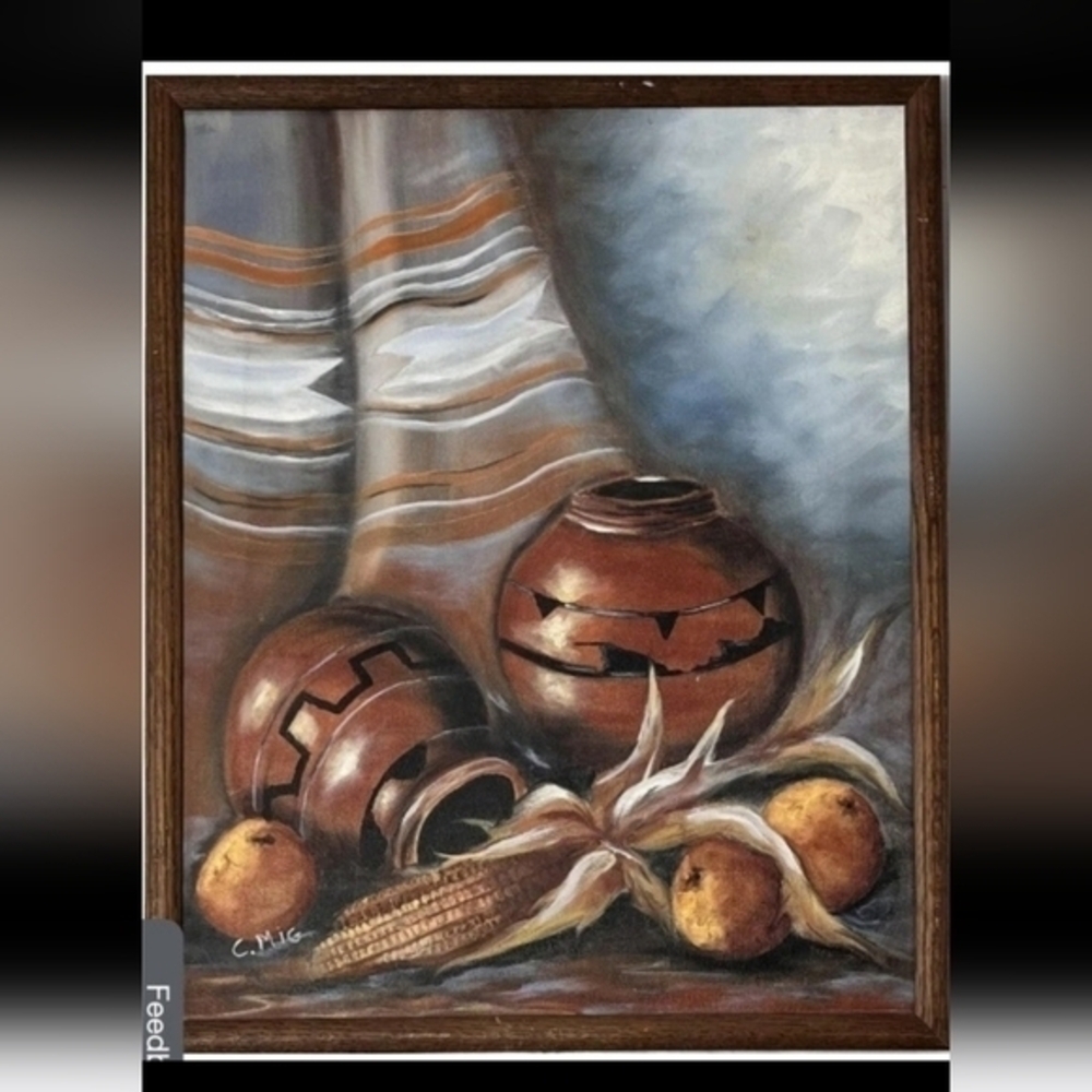 Vintage Oil painting of‎ a native American still life design,  signed C. Mig